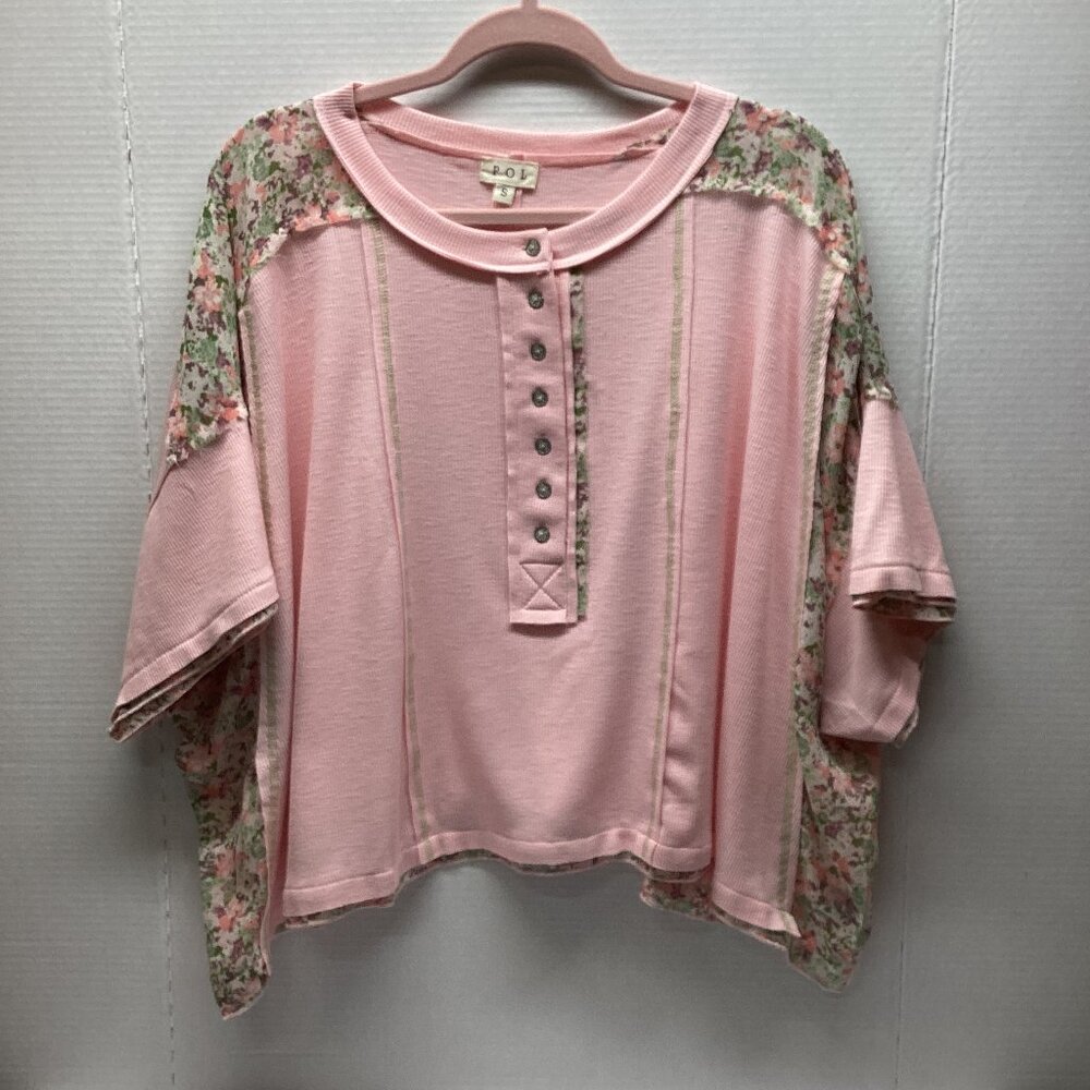 POL SHORT SLEEVE TOP FLORAL PRINT RIBBED OVERSIZED STRAWBERRY MILK